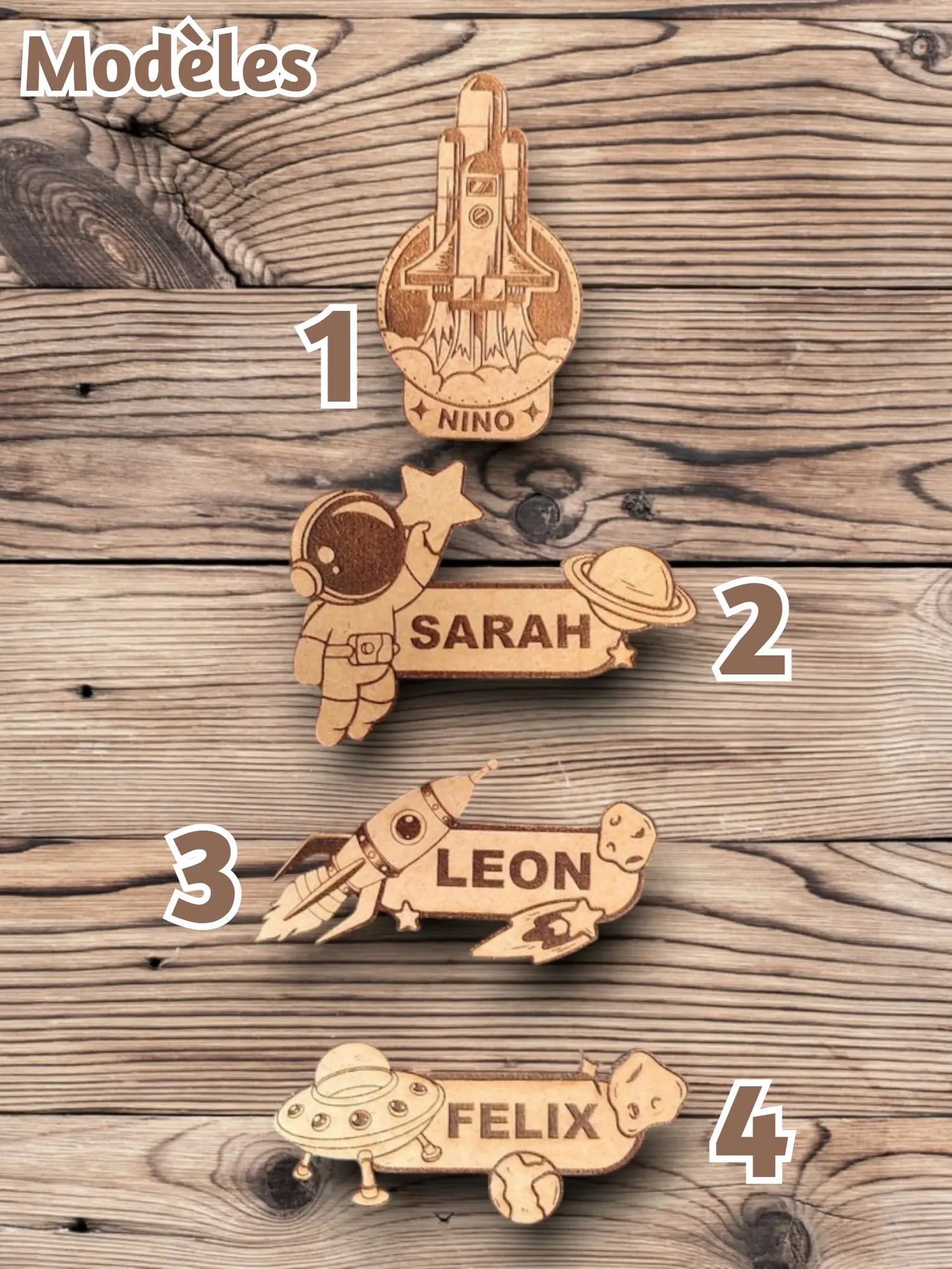 Magnet / Aimant personnalisé thème Espace / Spatiale gravé en bois prénom pour cadeau, remerciement, anniversaire... Ma boutique