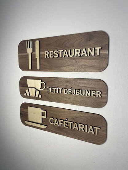 Pictogramme Cafeteria / Restauration en bois - Signalétique Panneau salle de restaurant