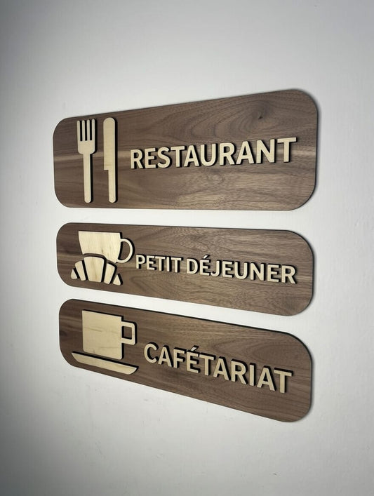 Pictogramme Cafeteria / Restauration en bois - Signalétique Panneau salle de restaurant