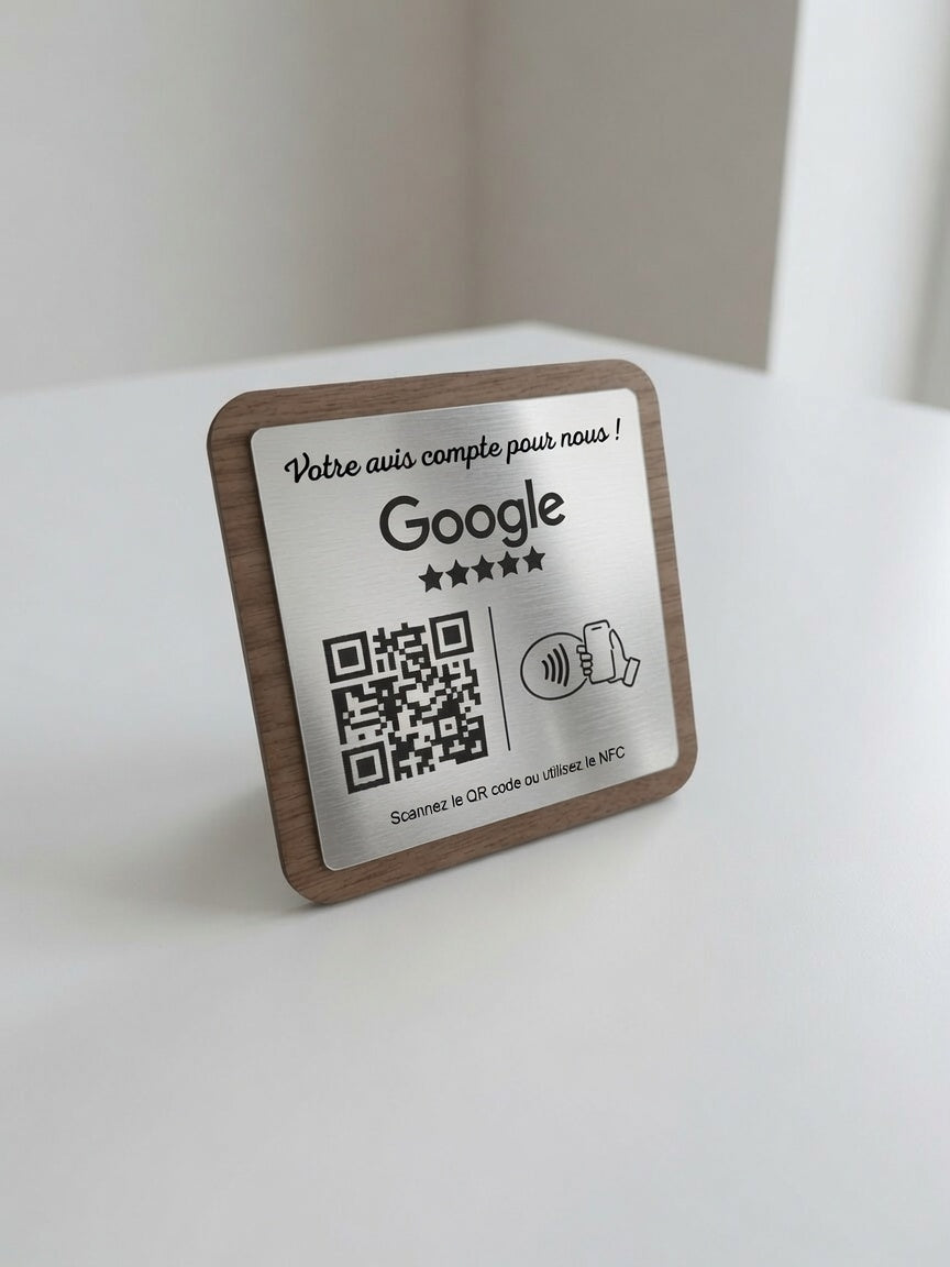 Plaque Avis Google Personnalisée | QR Code & NFC | Plaque Restaurant, Salon, Commerce | Bois Noyer