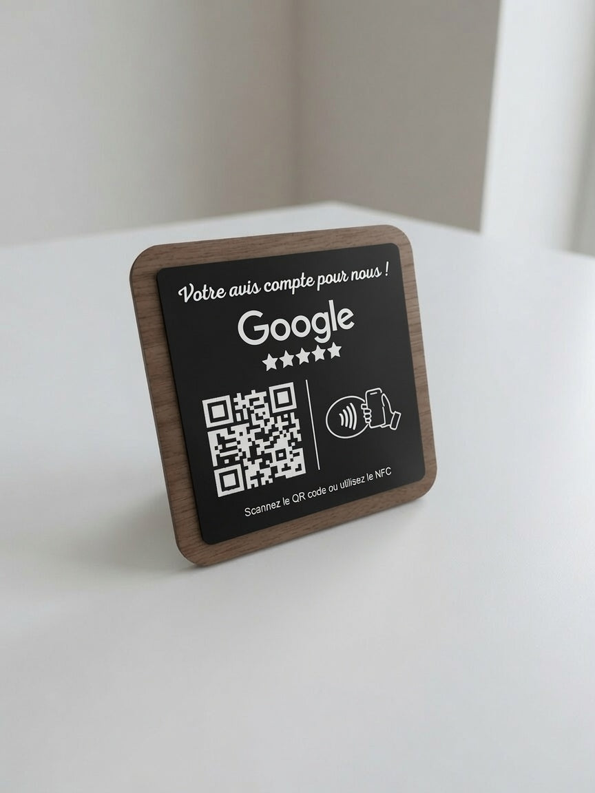 Plaque Avis Google Personnalisée | QR Code & NFC | Plaque Restaurant, Salon, Commerce | Bois Noyer