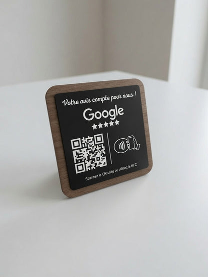 Plaque Avis Google Personnalisée | QR Code & NFC | Plaque Restaurant, Salon, Commerce | Bois Noyer
