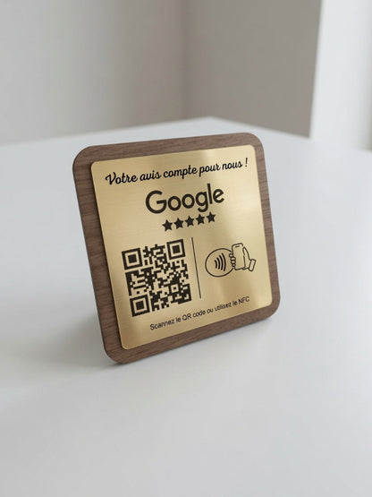 Plaque Avis Google Personnalisée | QR Code & NFC | Plaque Restaurant, Salon, Commerce | Bois Noyer