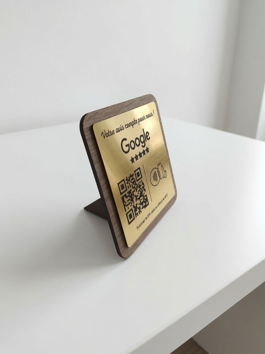 Plaque Avis Google Personnalisée | QR Code & NFC | Plaque Restaurant, Salon, Commerce | Bois Noyer