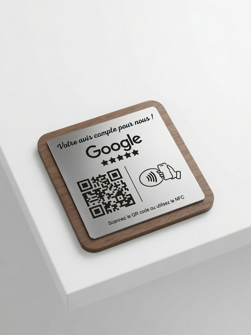 Plaque Avis Google Personnalisée | QR Code & NFC | Plaque Restaurant, Salon, Commerce | Bois Noyer