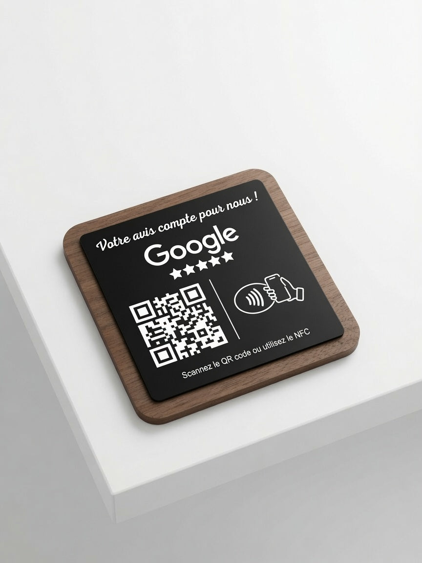 Plaque Avis Google Personnalisée | QR Code & NFC | Plaque Restaurant, Salon, Commerce | Bois Noyer