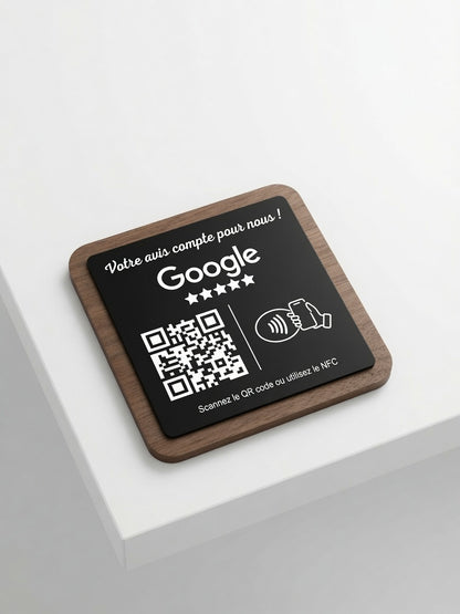 Plaque Avis Google Personnalisée | QR Code & NFC | Plaque Restaurant, Salon, Commerce | Bois Noyer