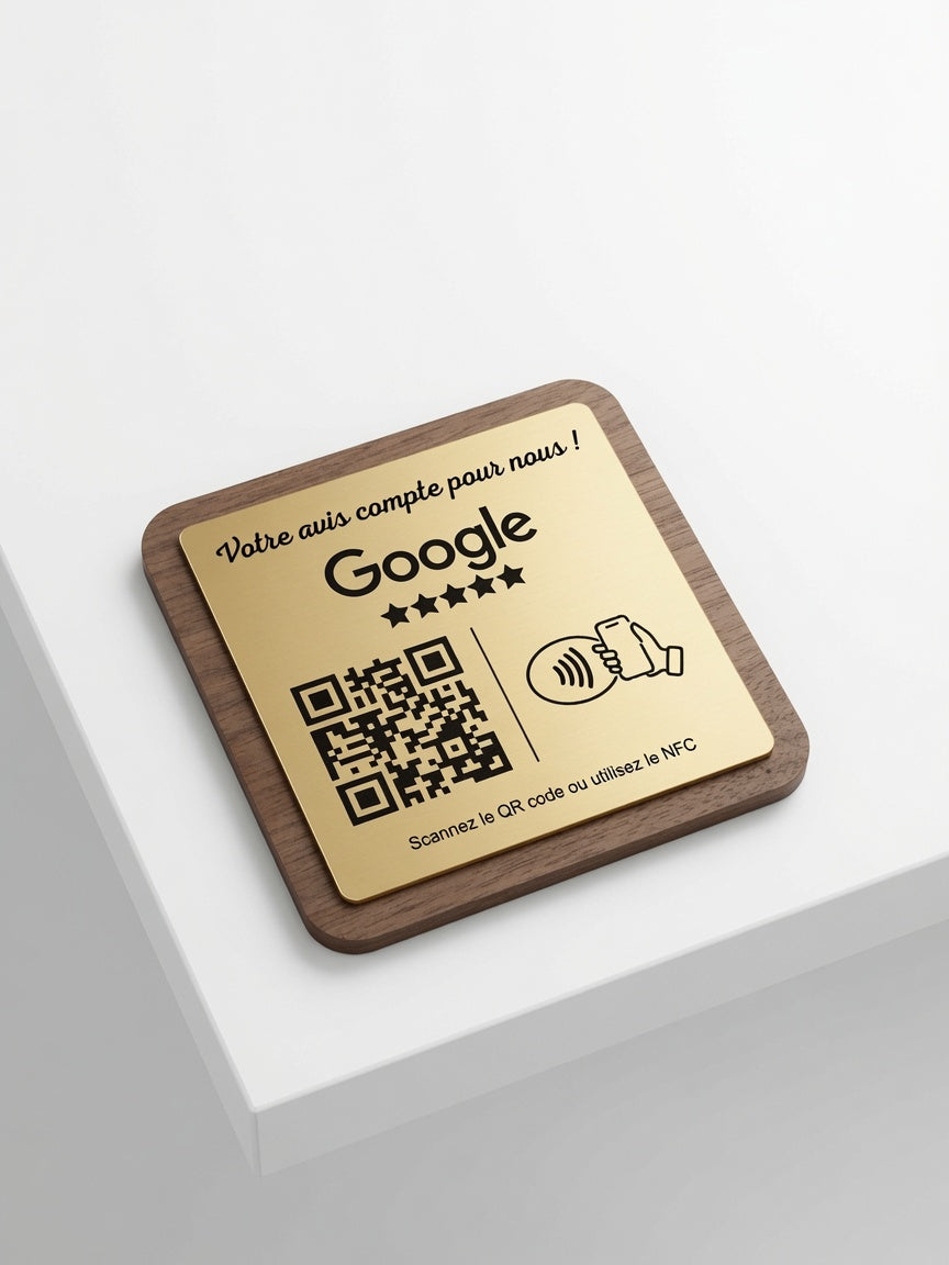 Plaque Avis Google Personnalisée | QR Code & NFC | Plaque Restaurant, Salon, Commerce | Bois Noyer