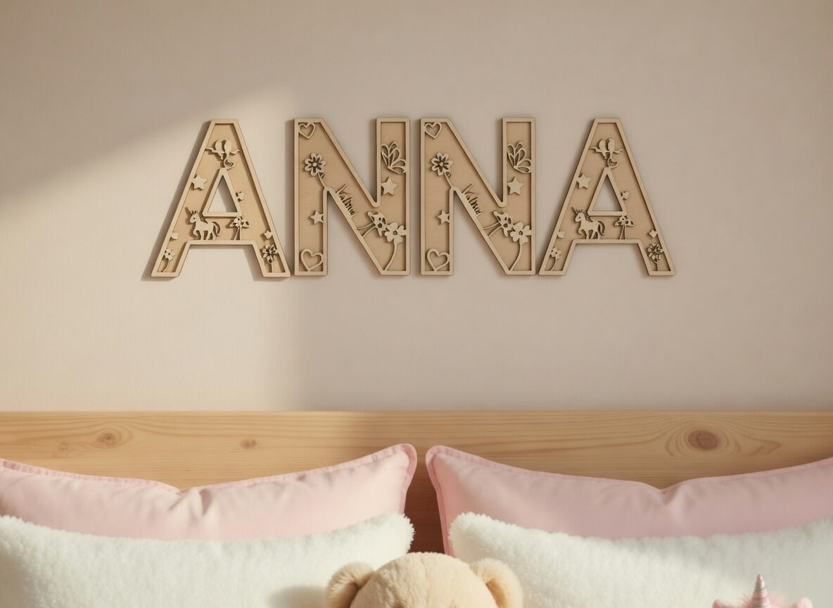 Lettre en Bois Thème Féérique : Prénom en bois pour décoration de chambre, cadeau personnalisé