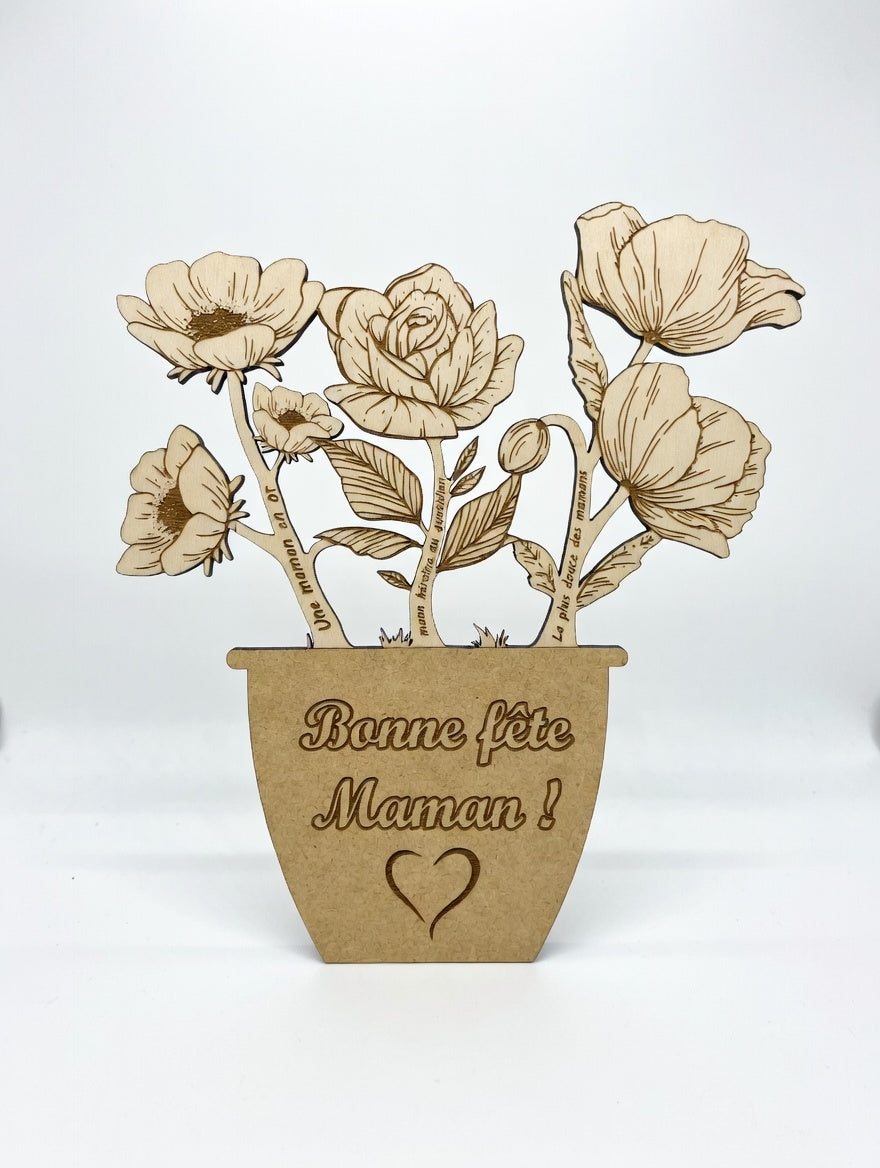 Bouquet de fleurs en bois gravé personnalisé | Cadeau fête des mères, mamie, grand-mère | Message personnalisé | Déco naturelle