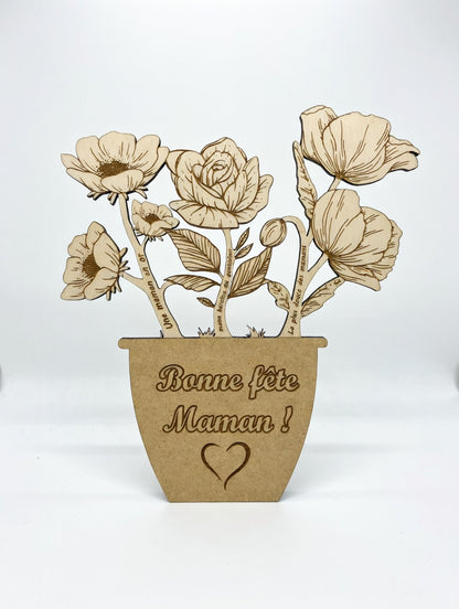 Bouquet de fleurs en bois gravé personnalisé | Cadeau fête des mères, mamie, grand-mère | Message personnalisé | Déco naturelle