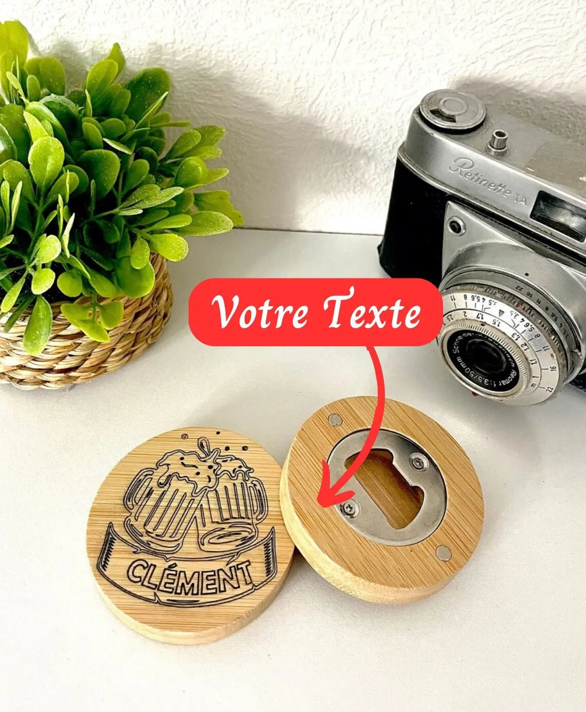Décapsuleur aimanté en bois - prénom personnalisé avec dessin de bière