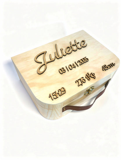 Valise en bois personnalisée relief– Boîte à souvenirs unique pour bébé, naissance et cadeau
