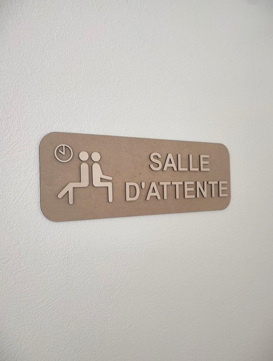 Panneau salle d'attente en bois - Signalétique Pictogramme Ma boutique