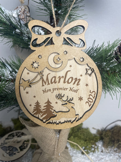 Boule de noël personnalisée en bois - Premier noël cadeau nouveau-né (Décoration de Noël, Ornement personnalisé)