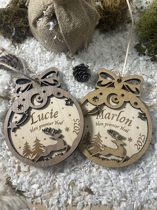Boule de noël personnalisée en bois - Premier noël cadeau nouveau-né (Décoration de Noël, Ornement personnalisé)
