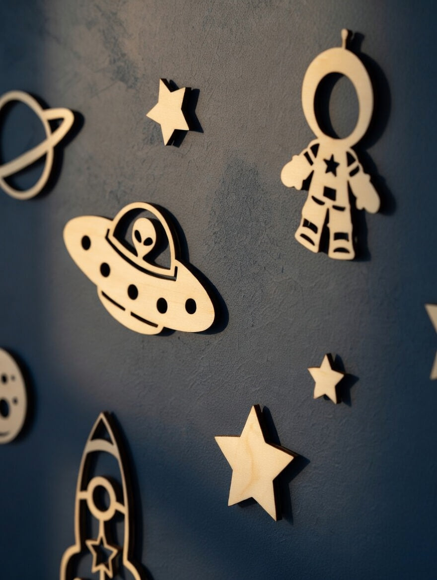 Décoration espace en bois Thème Espace / Spatiale pour chambre d'enfant fusée, astronaute, soucoupe volante, étoile.
