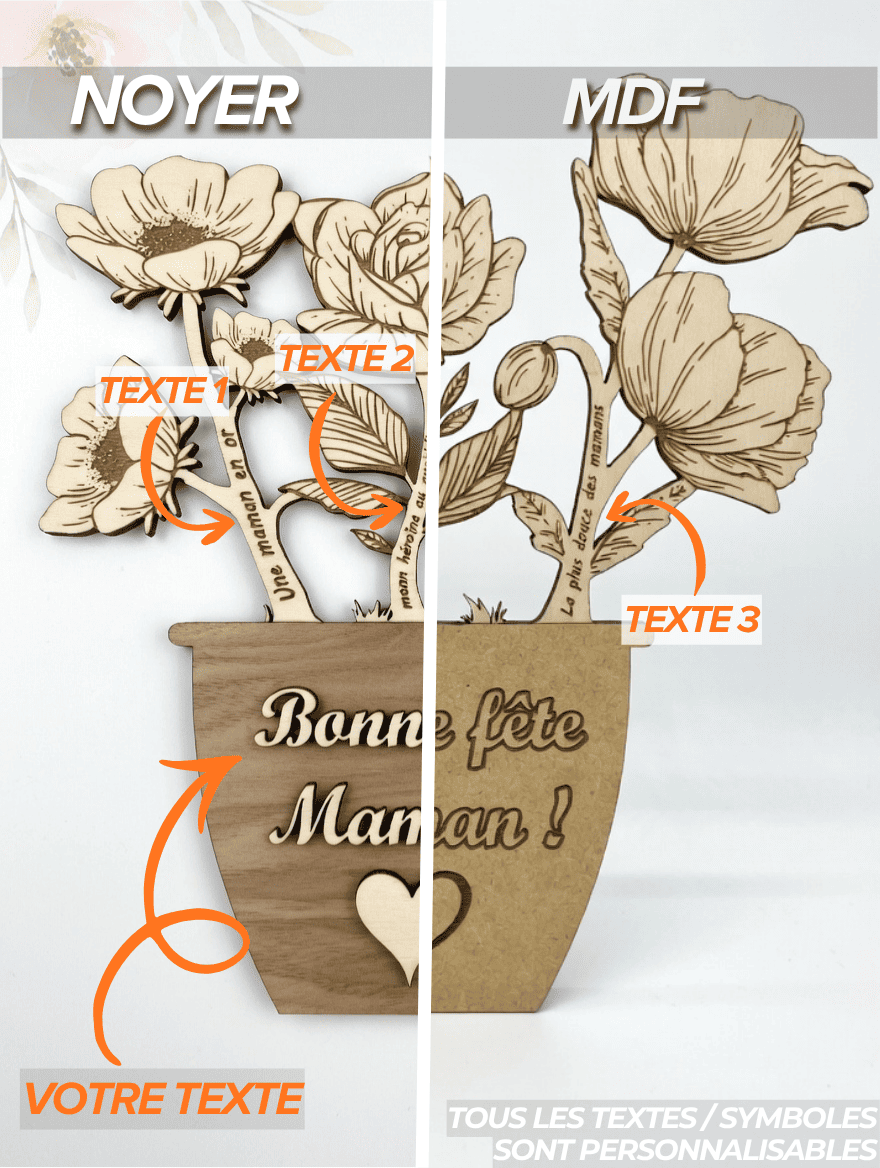 Bouquet de fleurs en bois gravé personnalisé | Cadeau fête des mères, mamie, grand-mère | Message personnalisé | Déco naturelle