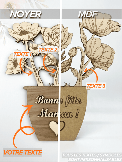Bouquet de fleurs en bois gravé personnalisé | Cadeau fête des mères, mamie, grand-mère | Message personnalisé | Déco naturelle