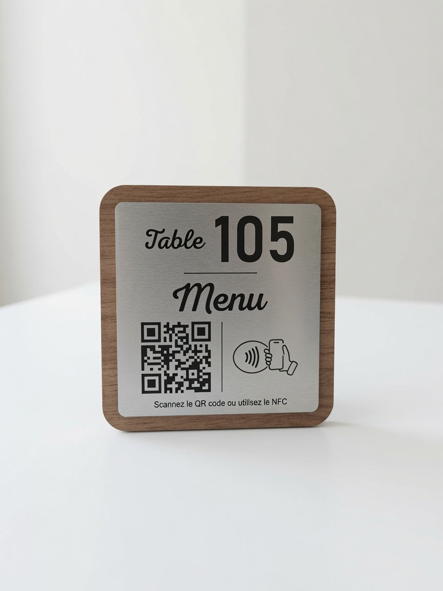 Plaque Menu Personnalisée | QR Code & NFC | Menu Restaurant, Café, Bar | Support Menu Bois Noyer