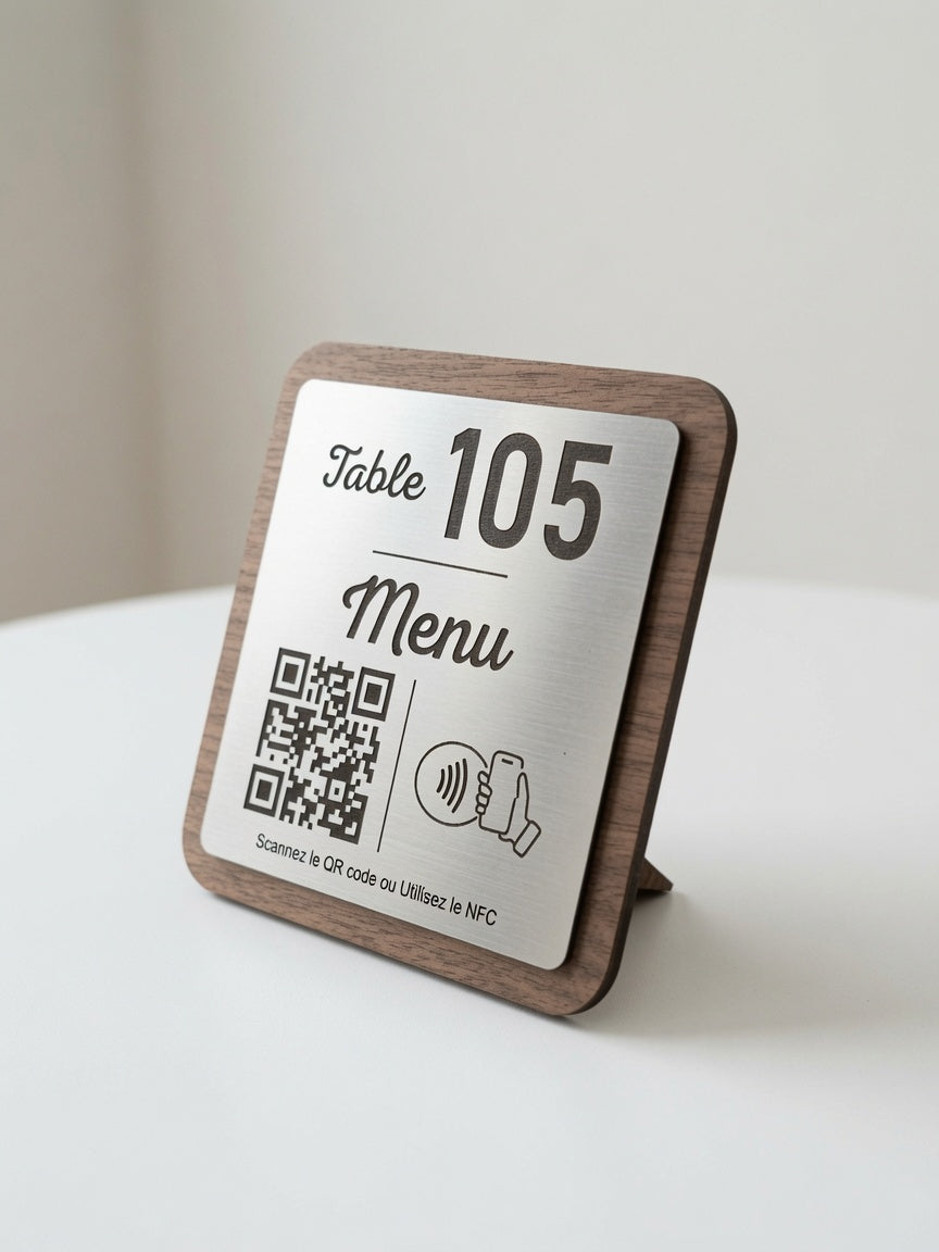 Plaque Menu Personnalisée | QR Code & NFC | Menu Restaurant, Café, Bar | Support Menu Bois Noyer