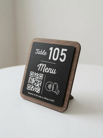 Plaque Menu Personnalisée | QR Code & NFC | Menu Restaurant, Café, Bar | Support Menu Bois Noyer