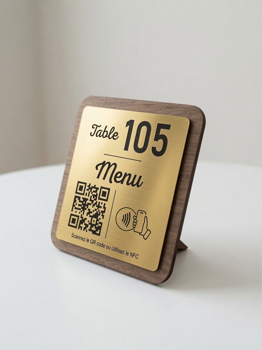 Plaque Menu Personnalisée | QR Code & NFC | Menu Restaurant, Café, Bar | Support Menu Bois Noyer