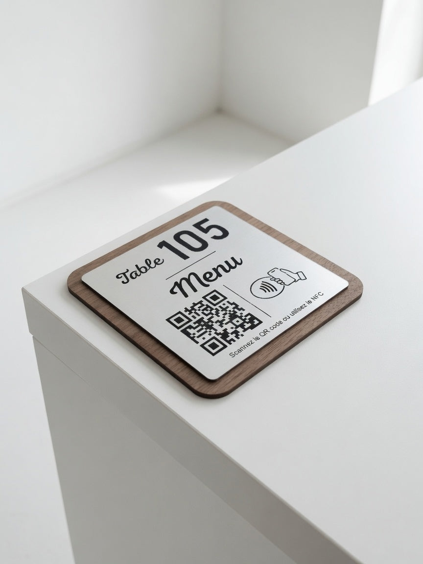 Plaque Menu Personnalisée | QR Code & NFC | Menu Restaurant, Café, Bar | Support Menu Bois Noyer