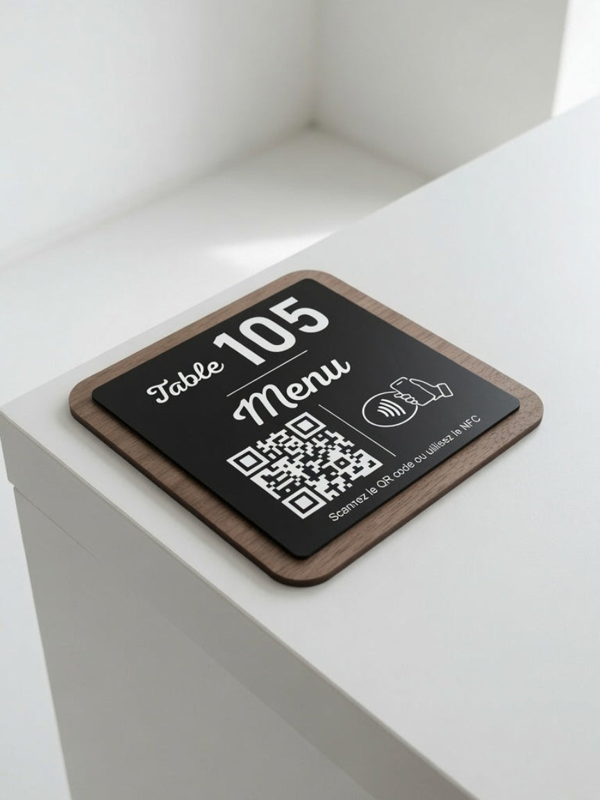 Plaque Menu Personnalisée | QR Code & NFC | Menu Restaurant, Café, Bar | Support Menu Bois Noyer