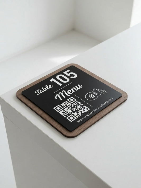 Plaque Menu Personnalisée | QR Code & NFC | Menu Restaurant, Café, Bar | Support Menu Bois Noyer