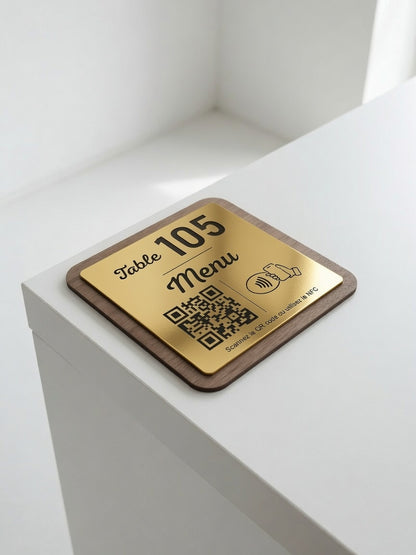 Plaque Menu Personnalisée | QR Code & NFC | Menu Restaurant, Café, Bar | Support Menu Bois Noyer