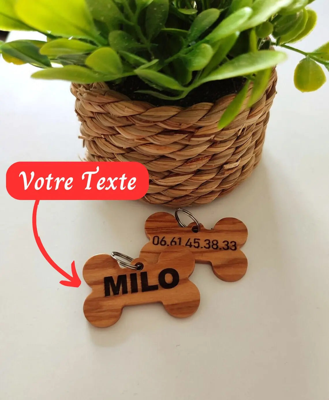 Pendentif pour chien nom personnalisé gravure sur bois + numéro de téléphone pour collier harnais/cadeau Ma boutique