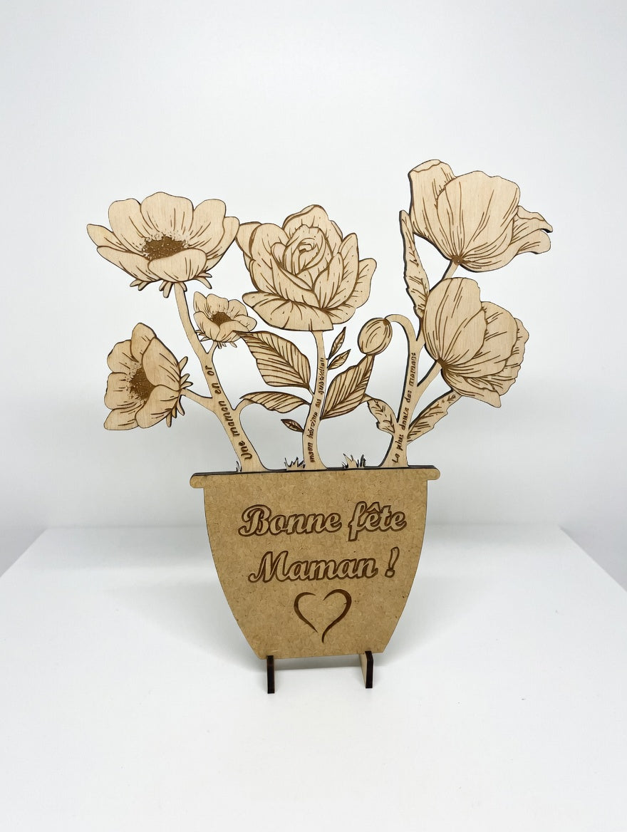 Bouquet de fleurs en bois gravé personnalisé | Cadeau fête des mères, mamie, grand-mère | Message personnalisé | Déco naturelle