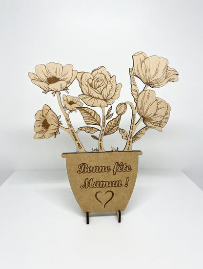 Bouquet de fleurs en bois gravé personnalisé | Cadeau fête des mères, mamie, grand-mère | Message personnalisé | Déco naturelle