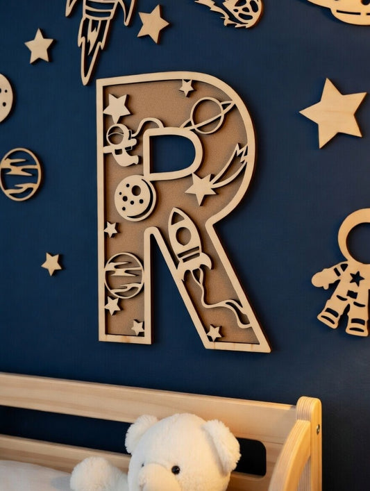 Lettres en bois thème espace : Prénom en bois pour décoration de chambre, cadeau personnalisé