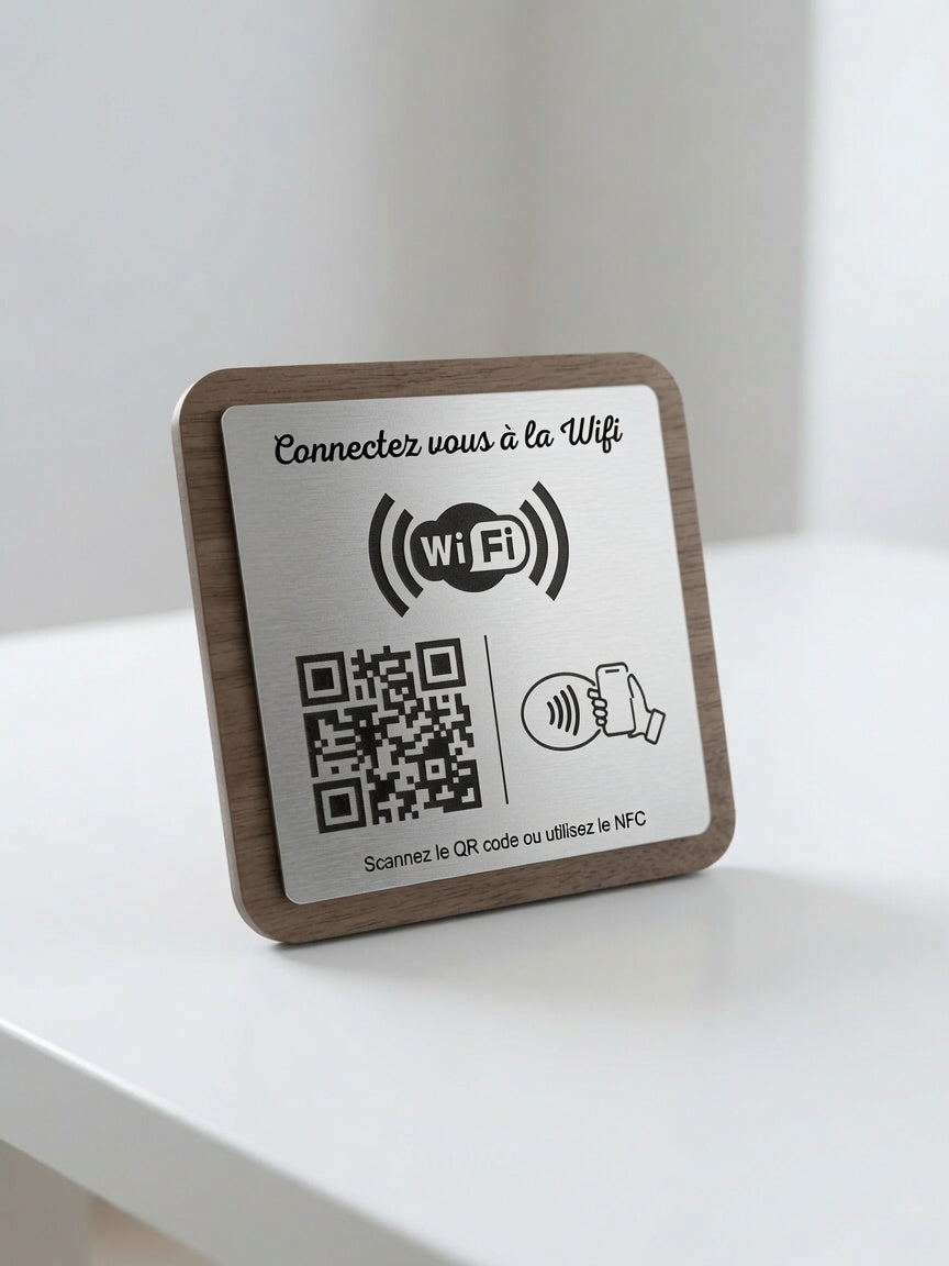 Plaque WiFi Personnalisée | QR Code & NFC | Support WiFi Restaurant, Hôtel, Airbnb | Bois Noyer