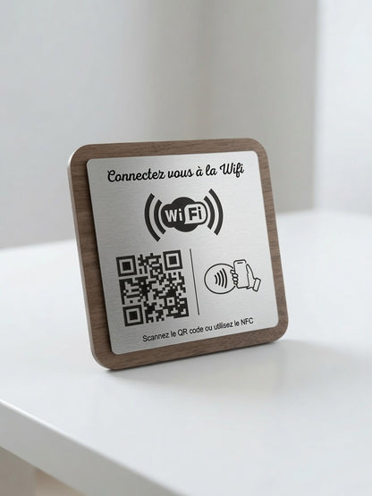 Plaque WiFi Personnalisée | QR Code & NFC | Support WiFi Restaurant, Hôtel, Airbnb | Bois Noyer