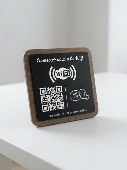 Plaque WiFi Personnalisée | QR Code & NFC | Support WiFi Restaurant, Hôtel, Airbnb | Bois Noyer