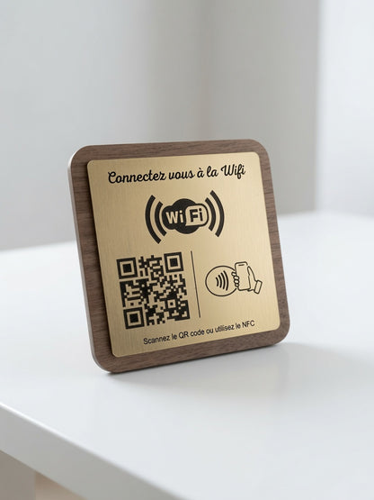 Plaque WiFi Personnalisée | QR Code & NFC | Support WiFi Restaurant, Hôtel, Airbnb | Bois Noyer
