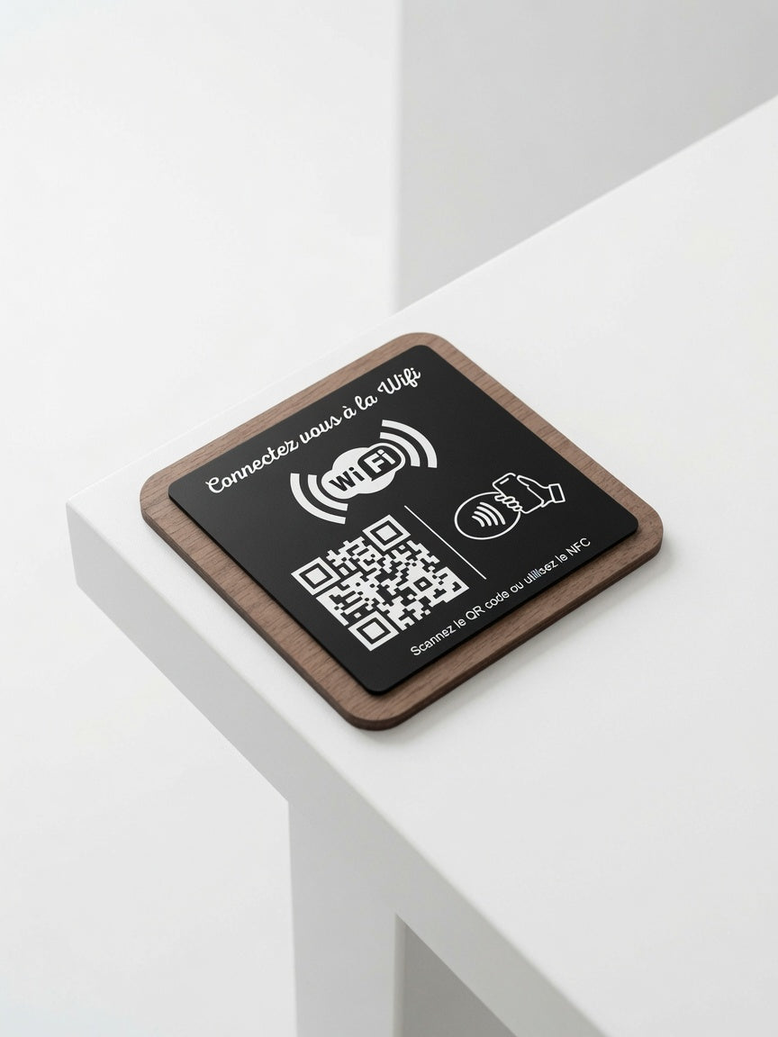 Plaque WiFi Personnalisée | QR Code & NFC | Support WiFi Restaurant, Hôtel, Airbnb | Bois Noyer