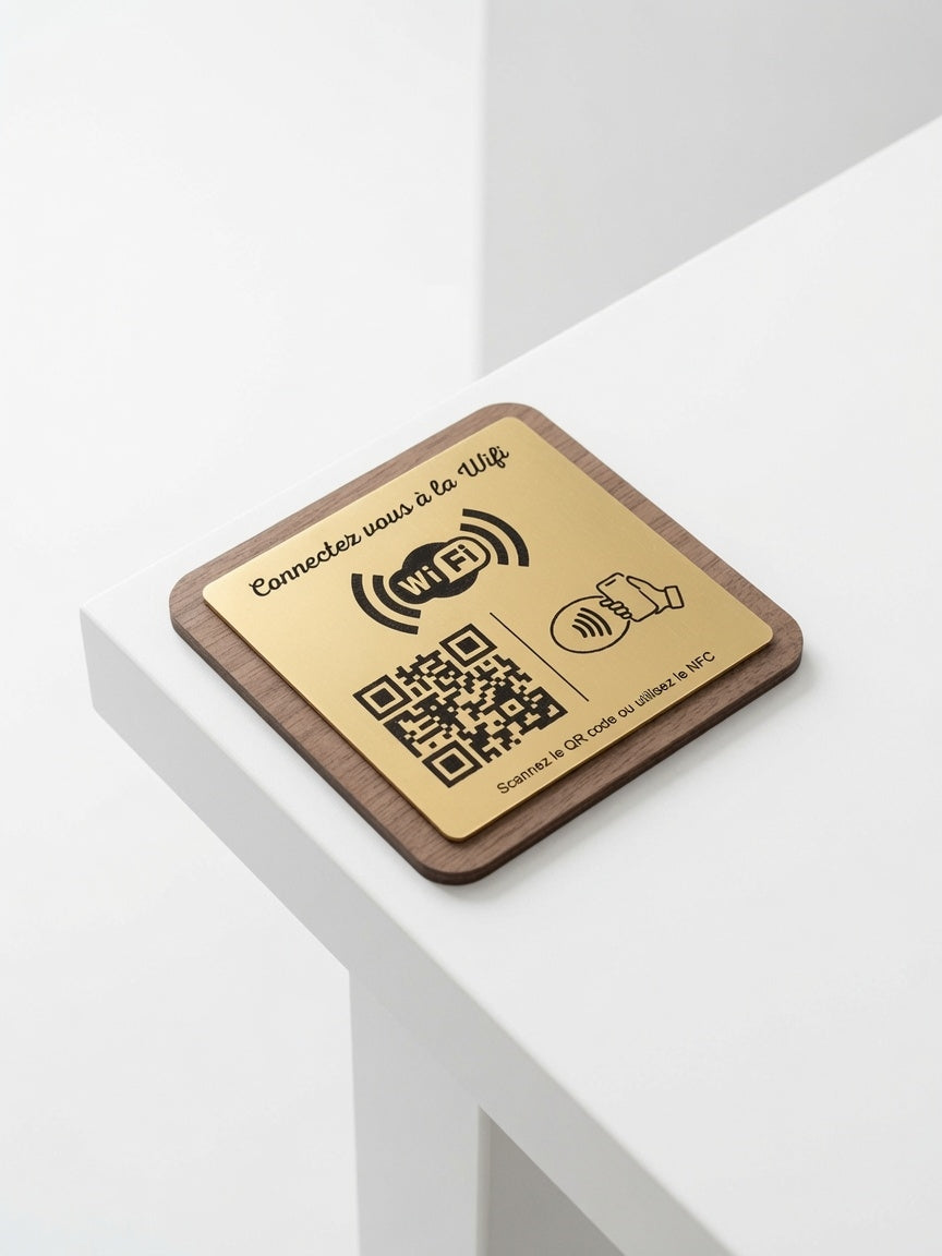 Plaque WiFi Personnalisée | QR Code & NFC | Support WiFi Restaurant, Hôtel, Airbnb | Bois Noyer