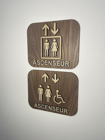 Panneau ascenseur en Bois - Pictogramme Ascenseur signalétique