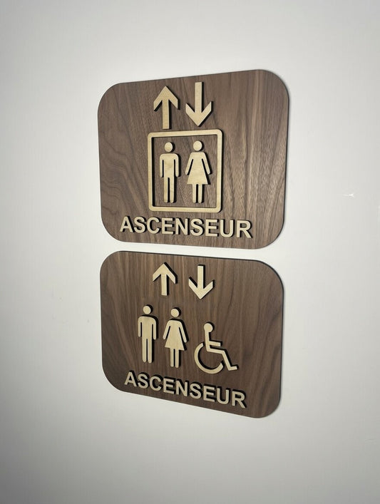 Panneau ascenseur en Bois - Pictogramme Ascenseur signalétique