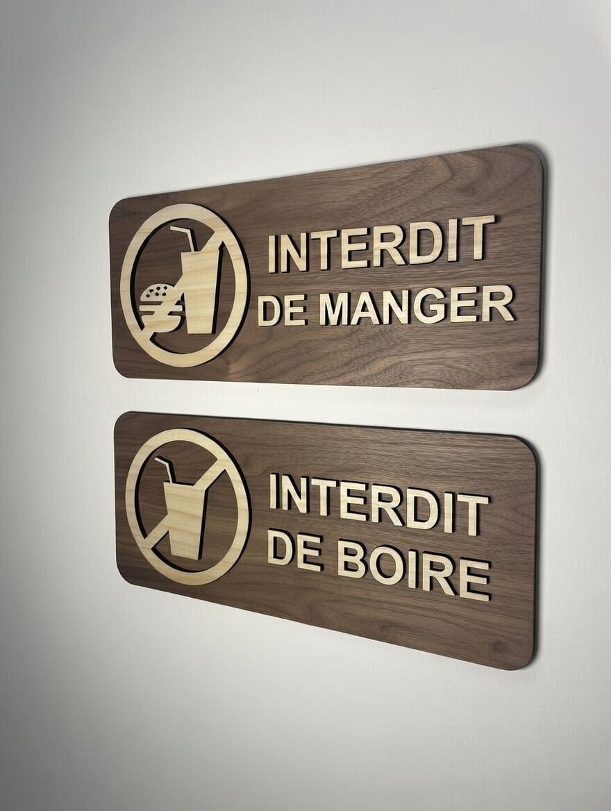 Panneaux "Interdit de manger" et "Interdit de boire" en bois – pictogrammes interdiction