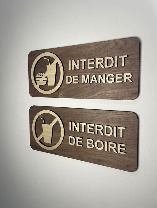 Panneaux "Interdit de manger" et "Interdit de boire" en bois – pictogrammes interdiction