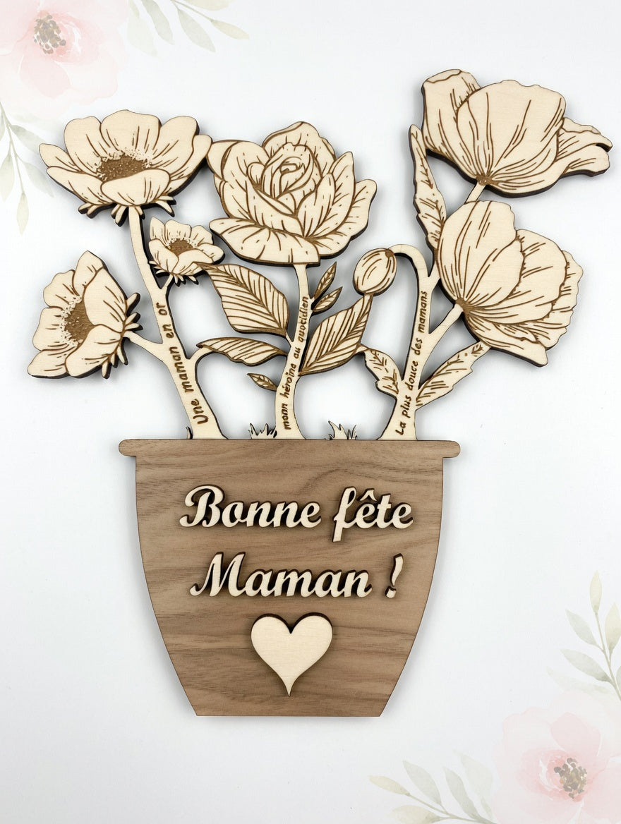Bouquet de fleurs en bois gravé personnalisé | Cadeau fête des mères, mamie, grand-mère | Message personnalisé | Déco naturelle