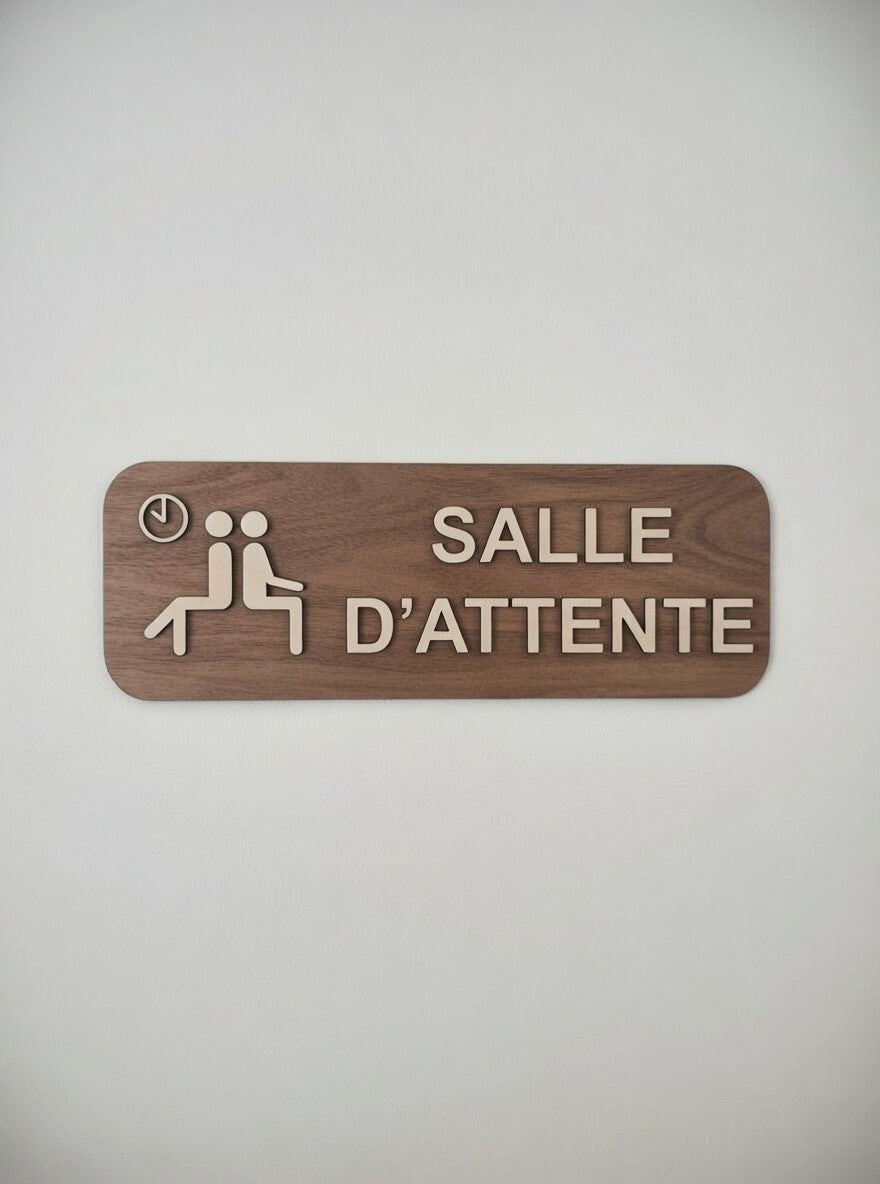 Panneau salle d'attente en bois - Signalétique Pictogramme