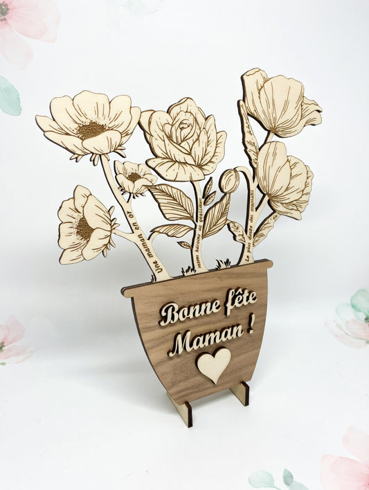 Bouquet de fleurs en bois gravé personnalisé | Cadeau fête des mères, mamie, grand-mère | Message personnalisé | Déco naturelle