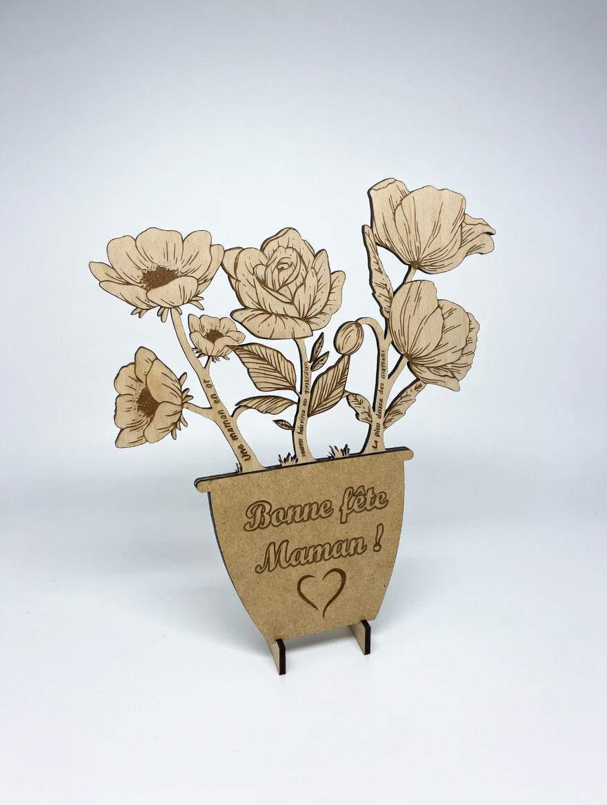 Bouquet de fleurs en bois gravé personnalisé | Cadeau fête des mères, mamie, grand-mère | Message personnalisé | Déco naturelle