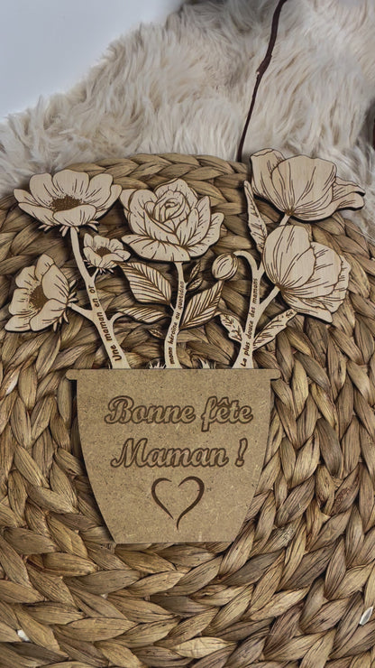 Bouquet de fleurs en bois gravé personnalisé | Cadeau fête des mères, mamie, grand-mère | Message personnalisé | Déco naturelle
